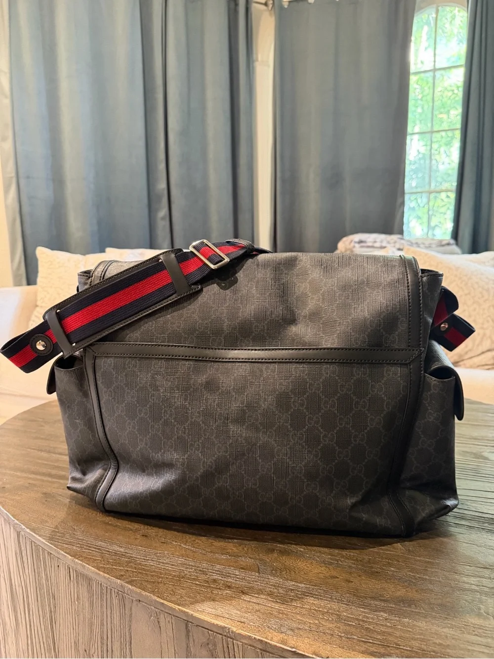 Authentic Gucci Black/Gray Messenger/ Diaper Bag with Red and Blue Web Strap